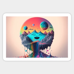 Full Moons Over Happy Mountains and the Rainbow River - Psychedelic Landscape - Paint Dripping 3D Illustration - Colorful Haunted Nature Scene Sticker